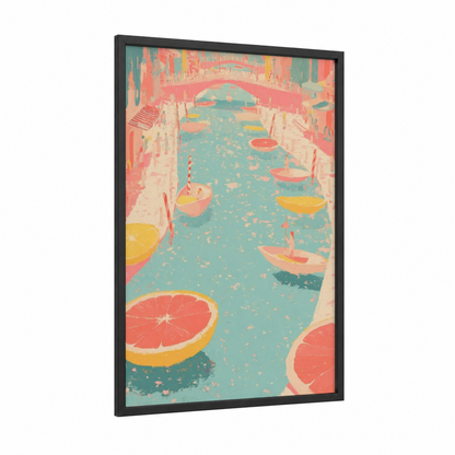Citrus Canal framed art print — black wood frame — teal and salmon pink palette