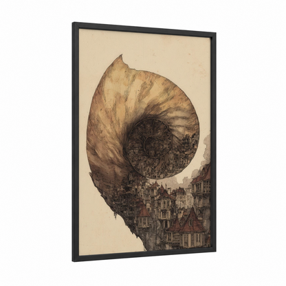 Architectural Nautilus framed art print — black wood frame — beige and brown palette