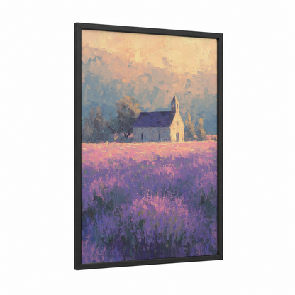 Lavender Chapel framed churches and chapels print — black wood frame — purple and gold palette