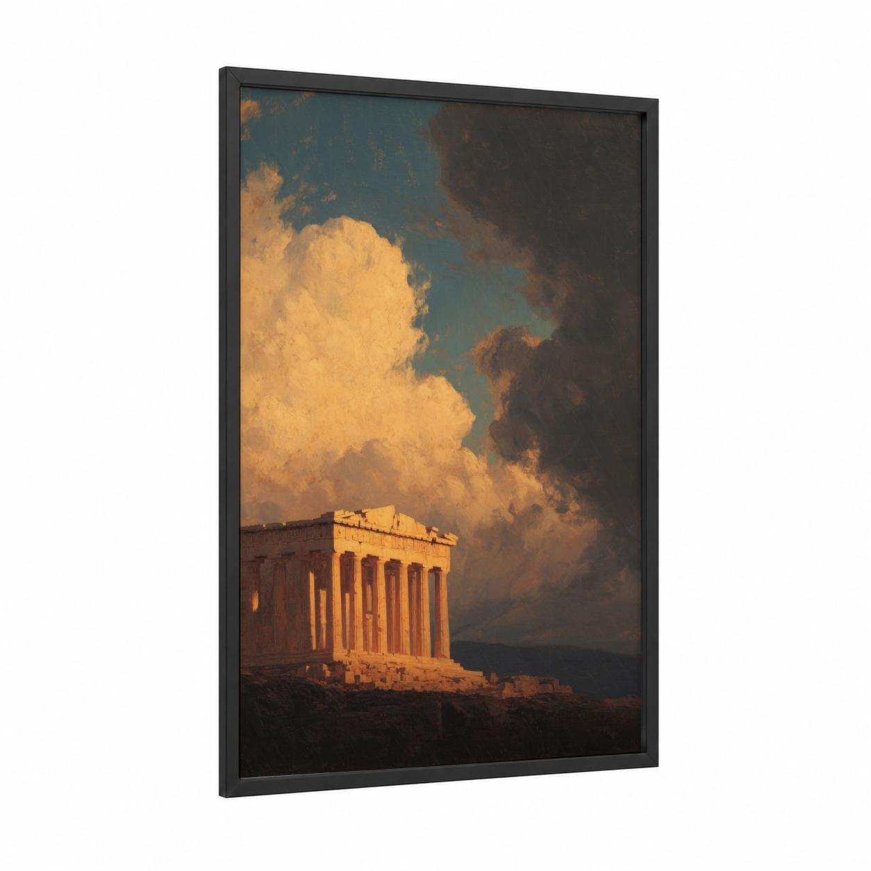 Golden Parthenon framed art print — black wood frame — gold and teal palette