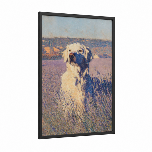 Golden Field Retriever framed art print — black wood frame — cream and lavender palette
