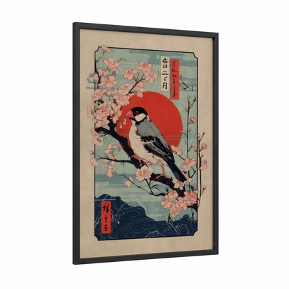 Cherry Blossom Finch framed art print — black wood frame — salmon pink and teal palette