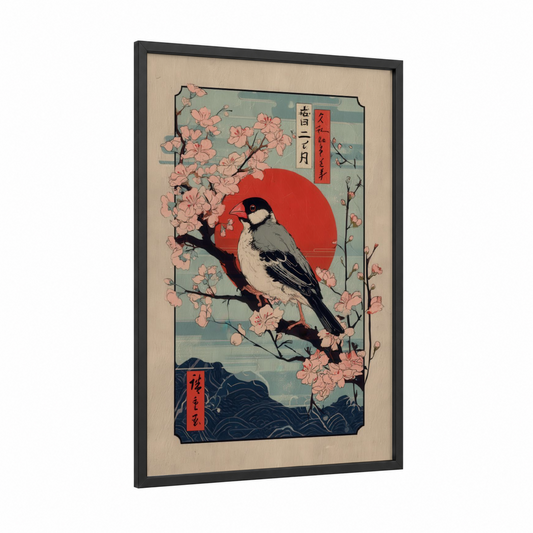 Cherry Blossom Finch framed art print — black wood frame — salmon pink and teal palette