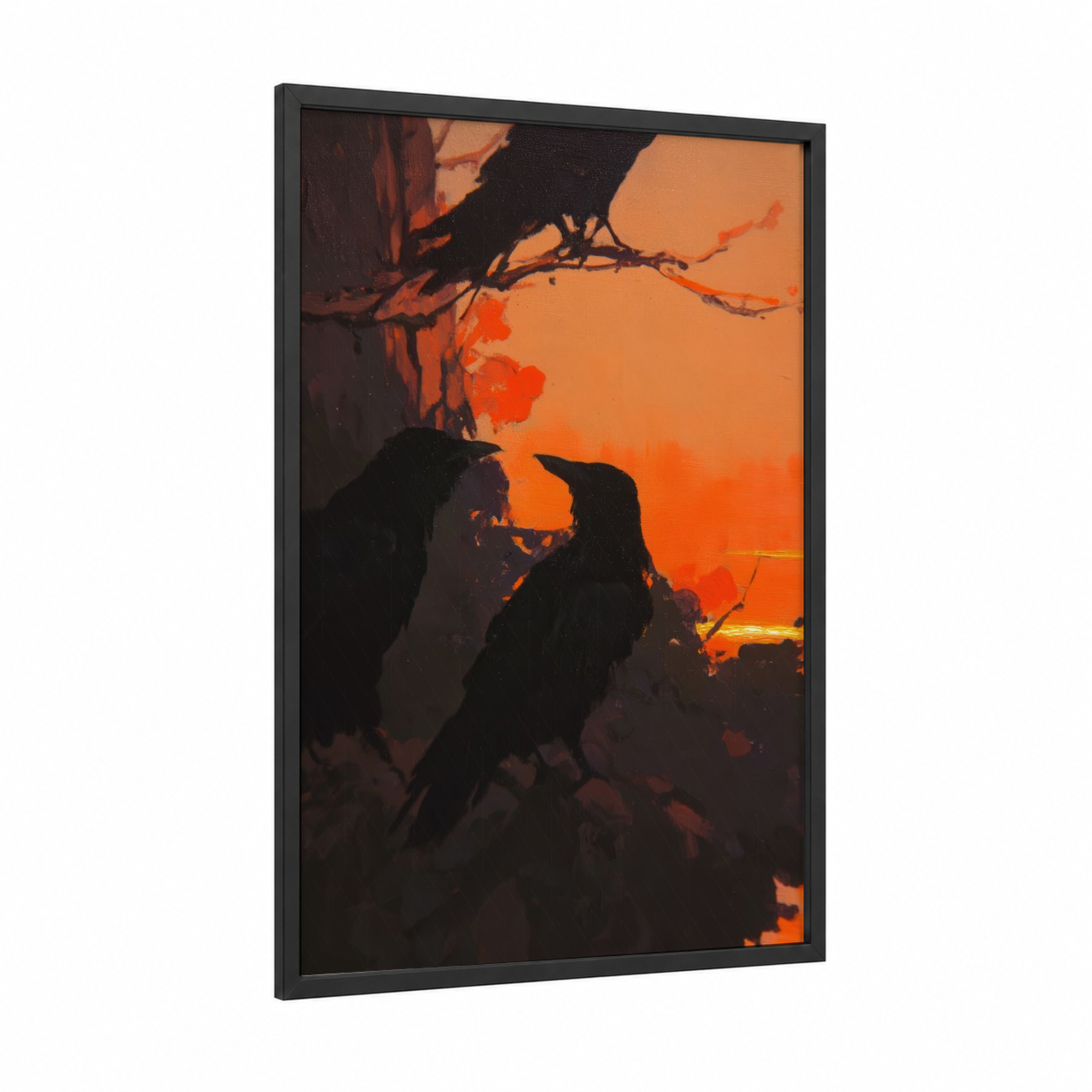 Sunset Crows framed crows and ravens print — black wood frame — orange and black palette
