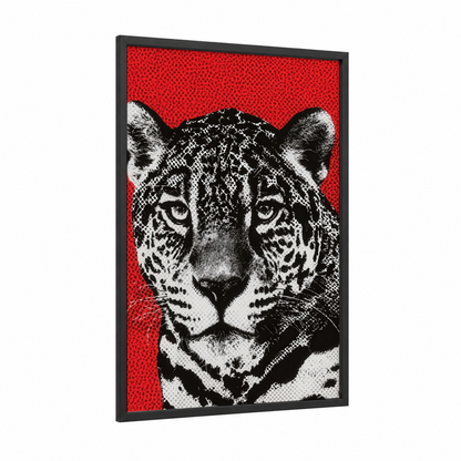 Crimson Jaguar framed art print — black wood frame — red and black and white palette