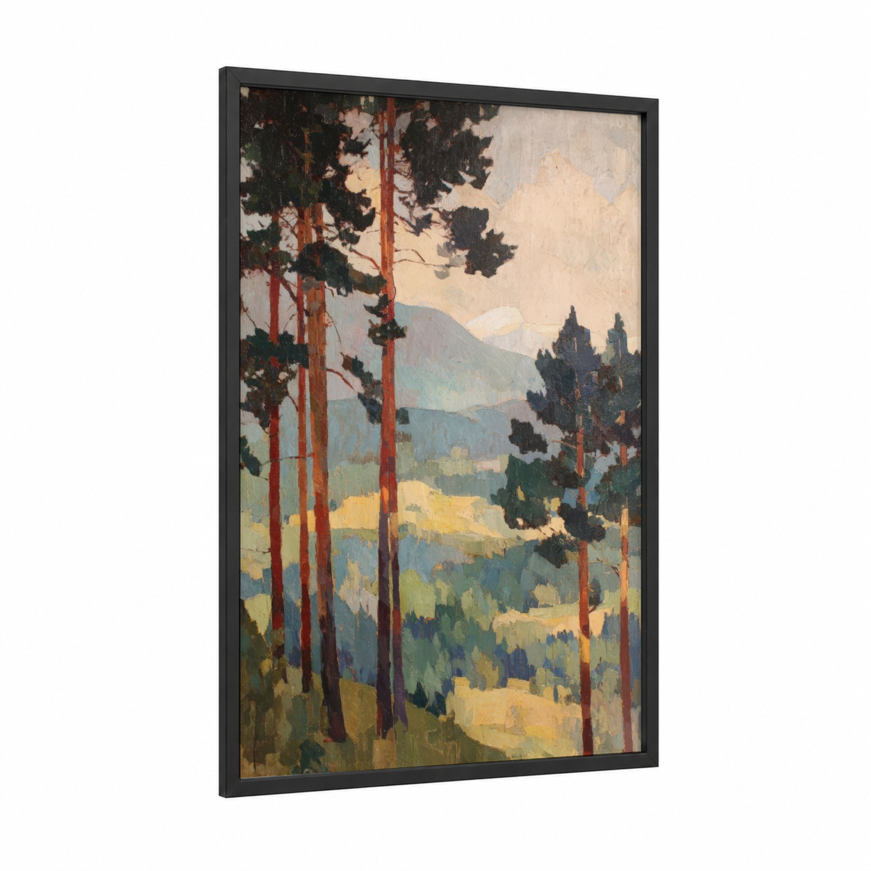 Mountain Pine Valley framed pine forest print — black wood frame — gold and blue and green palette