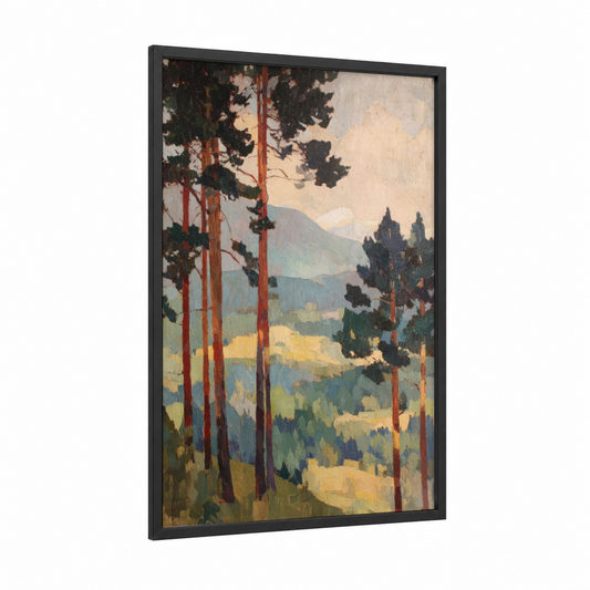 Mountain Pine Valley framed pine forest print — black wood frame — gold and blue and green palette