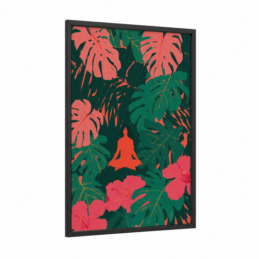 Tropical Yoga Meditation framed fitness yoga print — black wood frame — pink and dark green palette