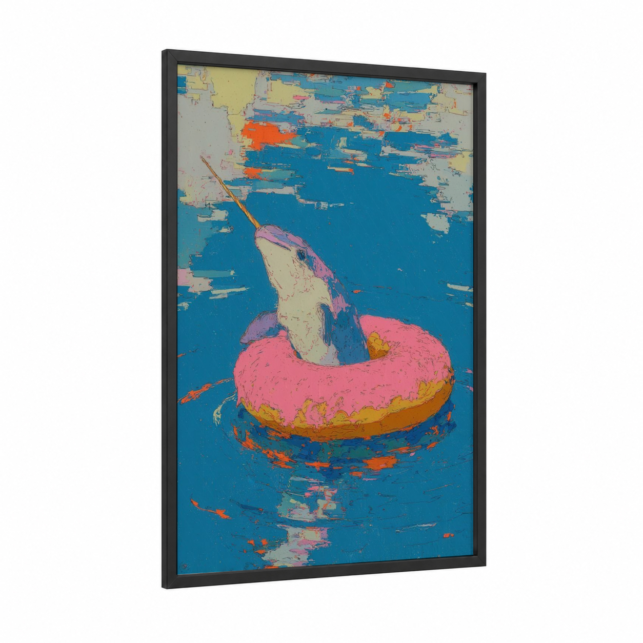 Whimsical Narwhal framed art print — black wood frame — blue and pink palette