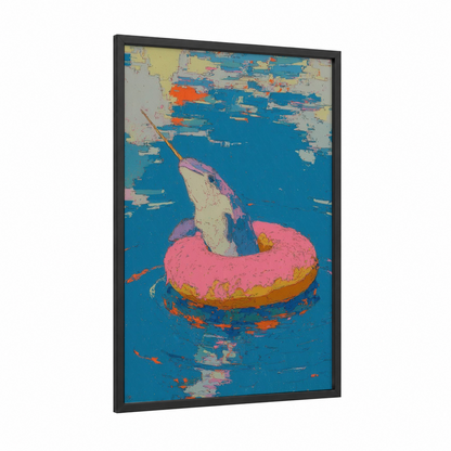 Whimsical Narwhal framed art print — black wood frame — blue and pink palette