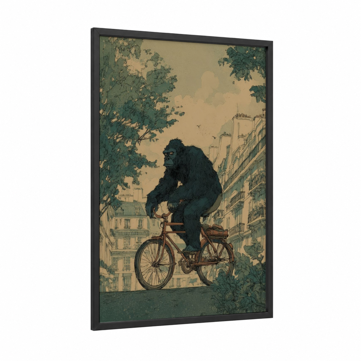 Urban Gorilla framed art print — black wood frame — sage green and beige palette