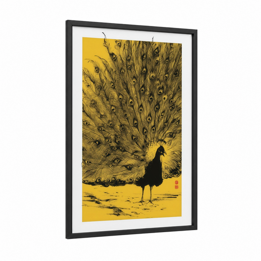 Golden Peacock framed art print — black wood frame — gold and black palette