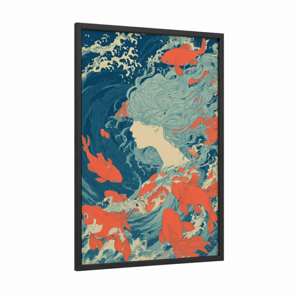 Underwater Dreamer framed art for girl print — black wood frame — dark blue and orange palette