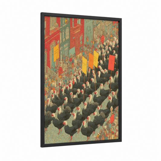 Thanksgiving Procession framed art print — black wood frame — red and gold palette