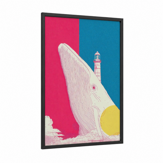 Coastal Sperm Whale framed art print — black wood frame — magenta and royal blue palette