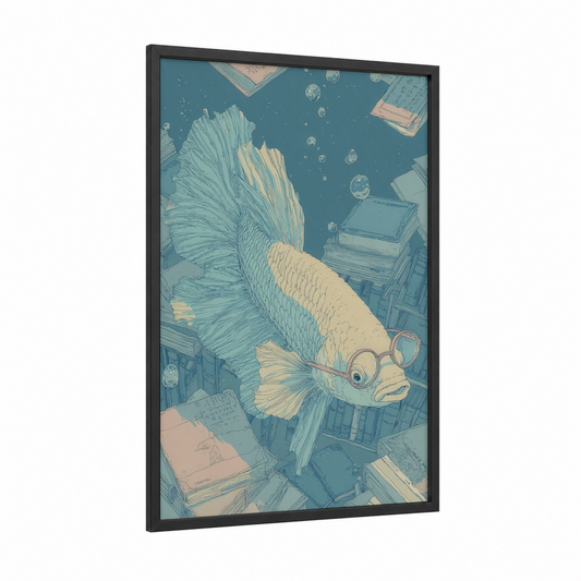 Scholarly Betta framed betta fish print — black wood frame — blue and cream palette