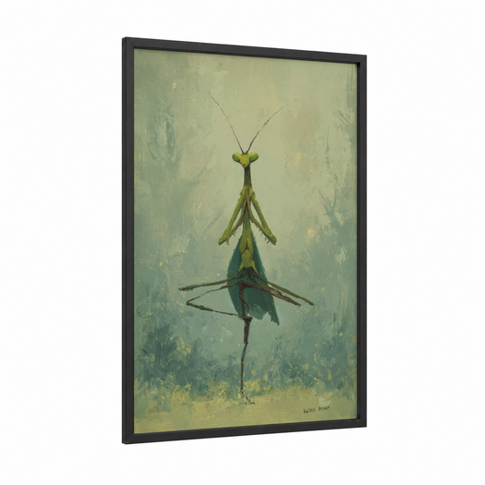 Zen Mantis framed prayin mantis print — black wood frame — sage green and cream palette