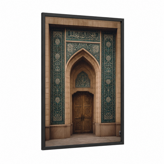 Islamic Ornate Doorway framed art print — black wood frame — dark blue and gold and white palette
