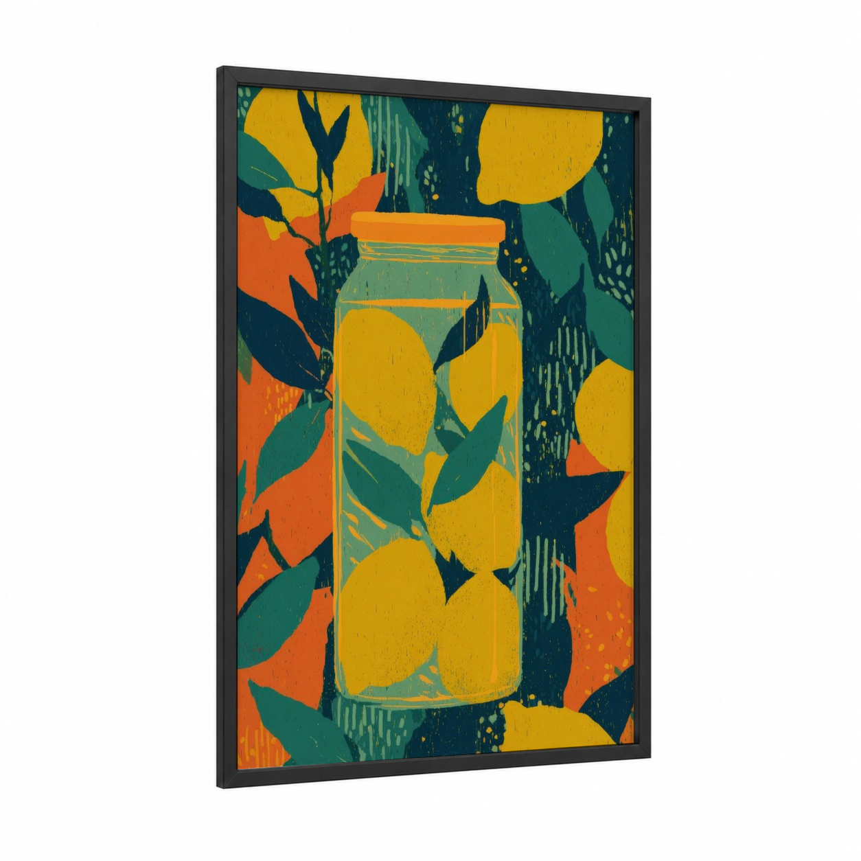 Citrus Preserve Jar framed condiments print — black wood frame — yellow gold and true green palette