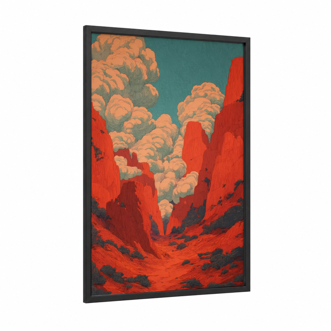 Crimson Canyon Vista framed art print — black wood frame — red and orange palette
