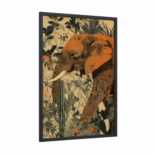Ochre Elephant Garden framed savanna elephant print — black wood frame — pumpkin and sage green palette
