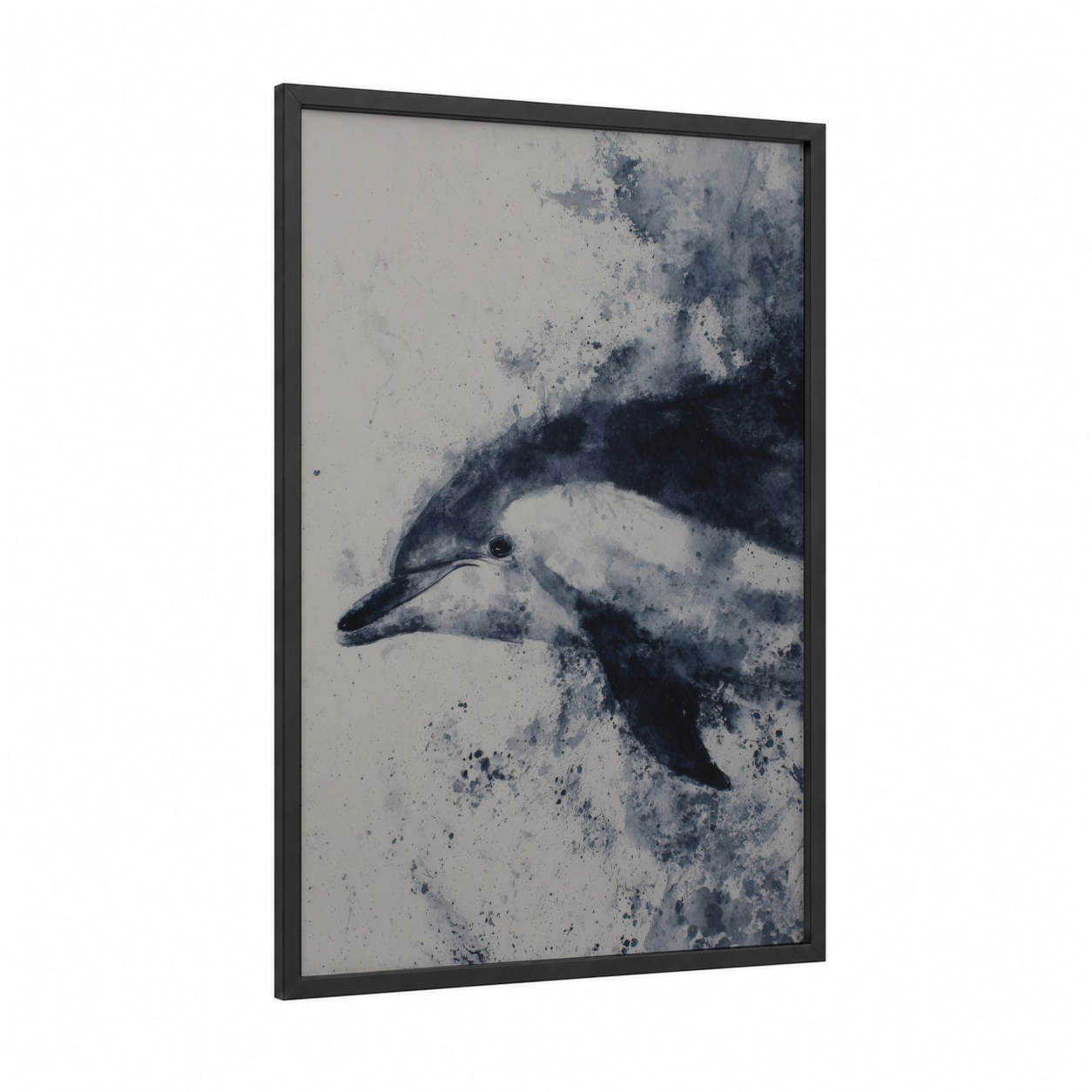 Graceful Dolphin framed dolphins print — black wood frame — blue and white and gray palette