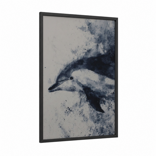 Graceful Dolphin framed dolphins print — black wood frame — blue and white and gray palette