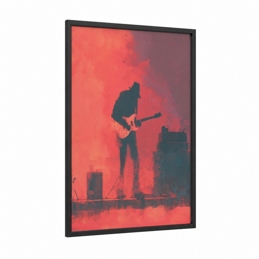 Electric Stage Performer framed rock'n roll print — black wood frame — red and maroon palette