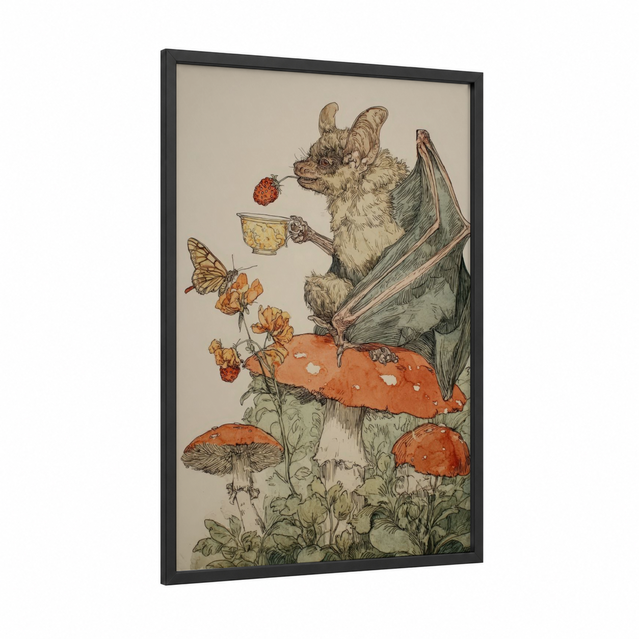 Whimsical Bat Gathering framed art print — black wood frame — russet and cream palette