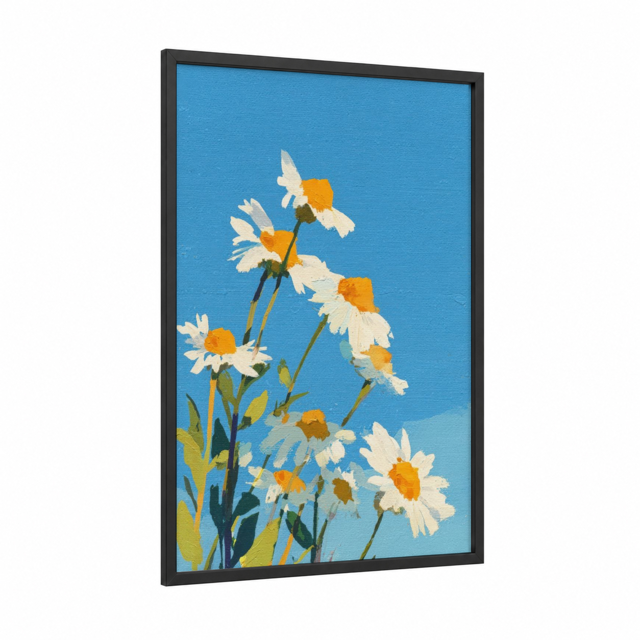 Cheerful Daisy Cluster framed art print — black wood frame — blue and yellow gold palette