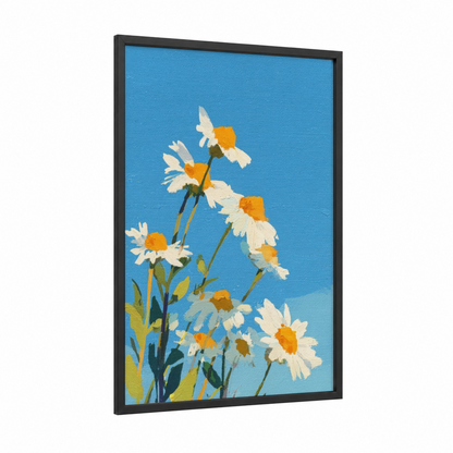 Cheerful Daisy Cluster framed art print — black wood frame — blue and yellow gold palette