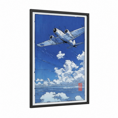 Skybound Vintage framed vintage airplane print — black wood frame — blue and white palette