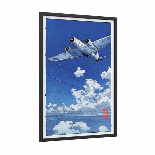 Skybound Vintage framed vintage airplane print — black wood frame — blue and white palette