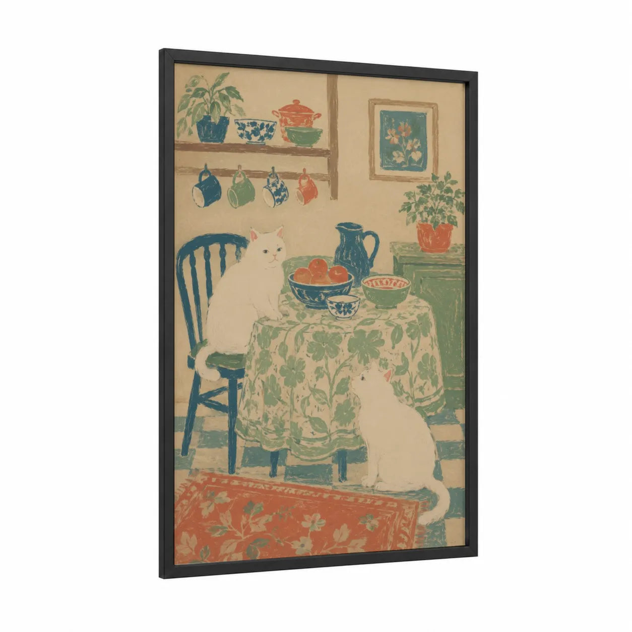 White Cats Kitchen Scene Wall Art framed art print — black wood frame — cream and true green palette