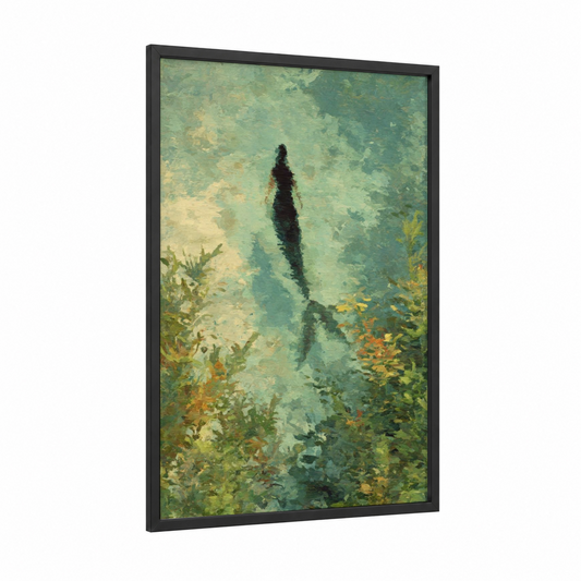 Underwater Mermaid framed art print — black wood frame — light green and yellow gold palette