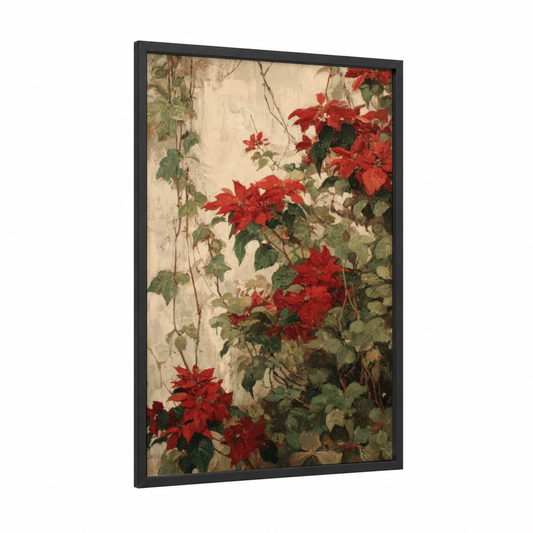 Crimson Poinsettias framed art print — black wood frame — red and cream palette