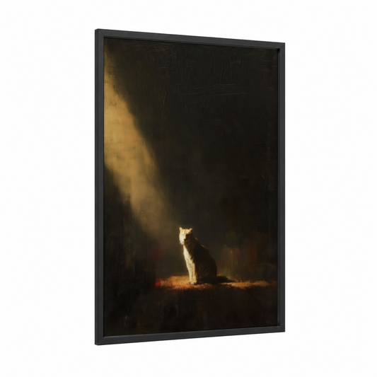 Sunlit Tiger framed art print — black wood frame — gold and black palette