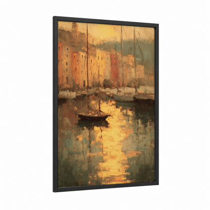 Golden Harbor Sunset framed art print — black wood frame — yellow gold and orange palette