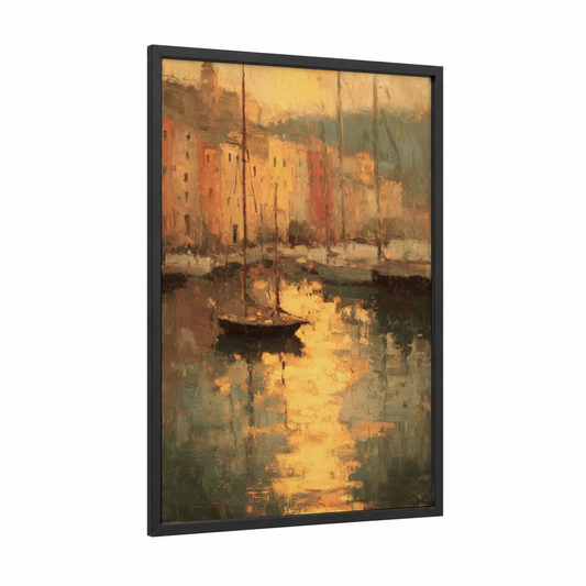 Golden Harbor Sunset framed art print — black wood frame — yellow gold and orange palette