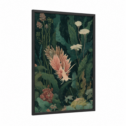Coral Nudibranch framed art print — black wood frame — dark green and peach palette