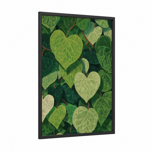 Chartreuse Linden Heart framed linden tree print — black wood frame — light green and true green palette