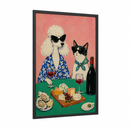Stylish Pets Wine And Cheese Wall Art framed cat print — black wood frame — pink and green palette