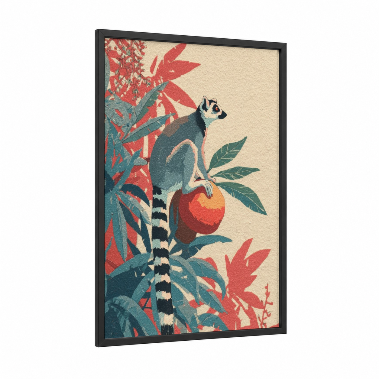 Tropical Lemur framed art print — black wood frame — red and teal palette