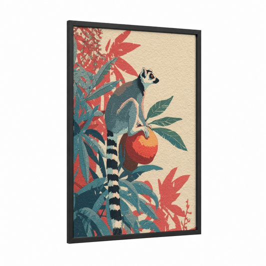 Tropical Lemur framed art print — black wood frame — red and teal palette