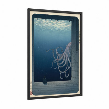 Underwater Octopus framed art print — black wood frame — blue and dove gray palette