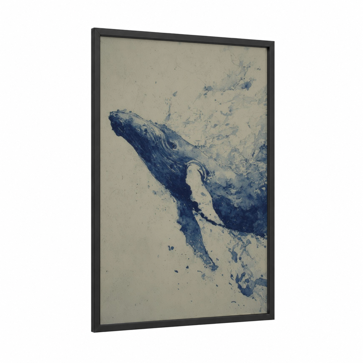 Diving Sperm Whale framed art print — black wood frame — blue and white and gray palette