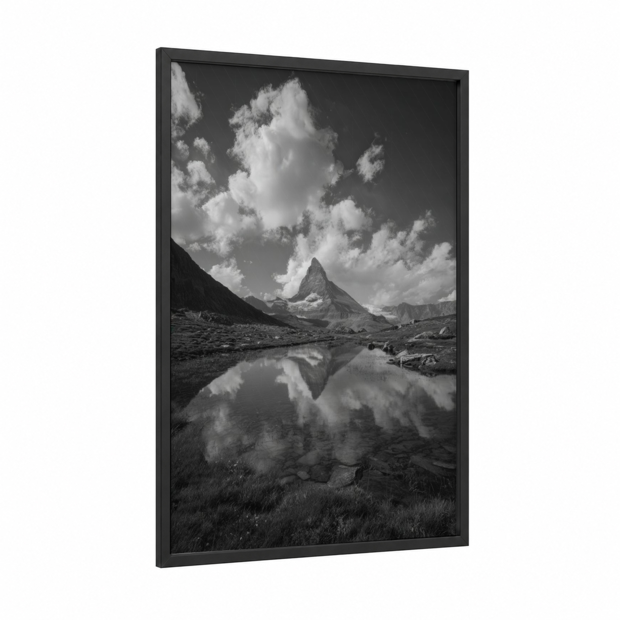 Alpine Peak Reflection framed alps print — black wood frame — black and white and gray palette