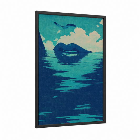 Ocean Lips framed art print — black wood frame — turquoise and dark blue palette