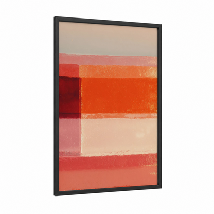 Crimson Layers framed abstract expressionism print — black wood frame — red and orange palette