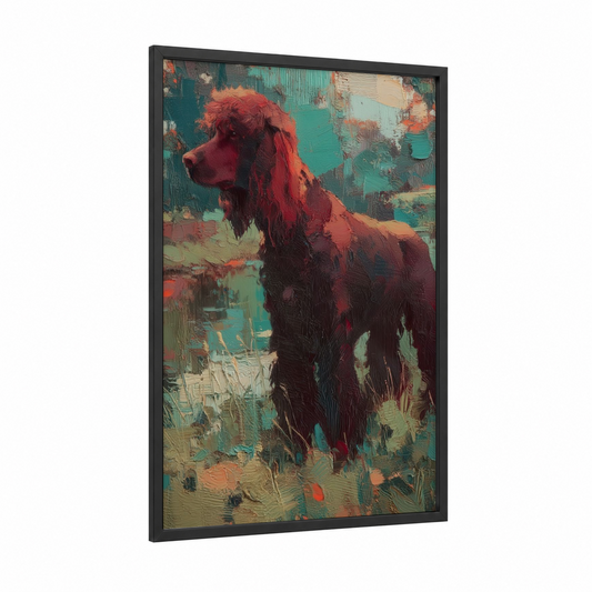 Crimson Spaniel Portrait framed art print — black wood frame — red and teal palette